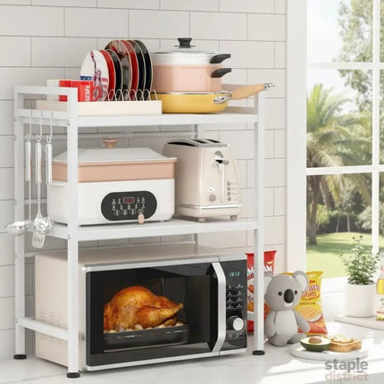 CARLA HOME 3-Tier Microwave Oven Rack with Adjustable Metal Kitchen Shelf Stand for Countertop Storage and 6 Hooks for