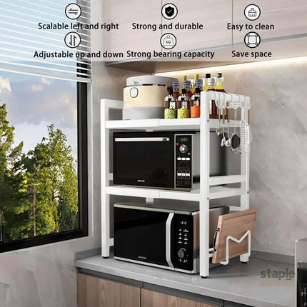 CARLA HOME 3-Tier Microwave Oven Rack with Adjustable Metal Kitchen Shelf Stand for Countertop Storage and 6 Hooks for