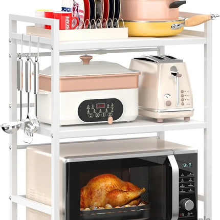 CARLA HOME 3-Tier Microwave Oven Rack with Adjustable Metal Kitchen Shelf Stand for Countertop Storage and 6 Hooks for