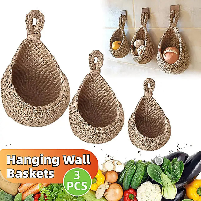 3pcs Boho Hanging Wall Baskets Woven Vegetable Fruit Storage Pouch Kitchen Decor - Baby & Kids > Kid’s Furniture > Toy