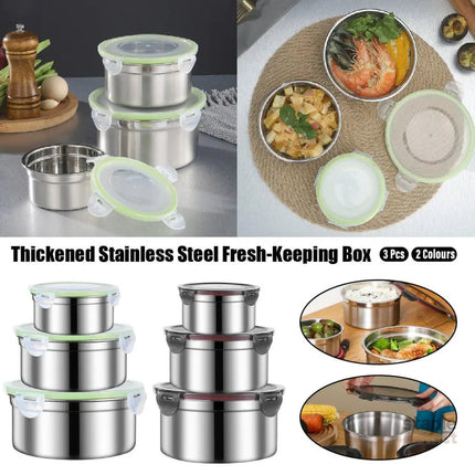3PCS Stainless Steel Sealed Crisper Storage Box with Lid Round Food Lunch Box - White - Home & Garden > Kitchenware >