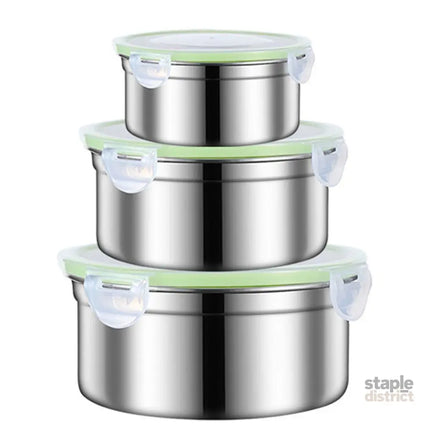 3PCS Stainless Steel Sealed Crisper Storage Box with Lid Round Food Lunch Box - White - Home & Garden > Kitchenware >