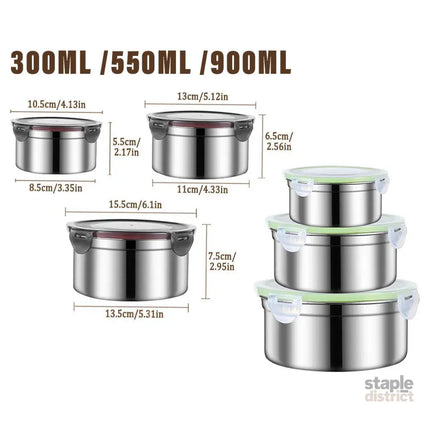 3PCS Stainless Steel Sealed Crisper Storage Box with Lid Round Food Lunch Box - White - Home & Garden > Kitchenware >