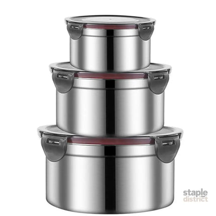 3PCS Stainless Steel Sealed Crisper Storage Box with Lid Round Food Lunch Box - White - Home & Garden > Kitchenware >