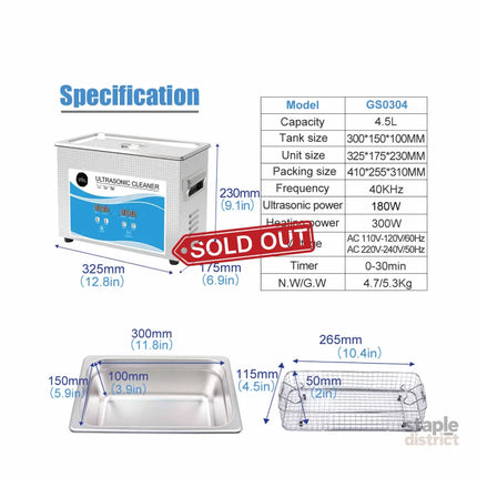 4.5L Digital Ultrasonic Cleaner - Ultra Sonic Bath Jewellery Cleaning - Appliances > Other Cleaning Appliances >