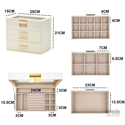4 Layer Jewelry Box PU Leather Jewellery Organizer Multi-functional Storage Case with Clear Glass Lid and 3 Drawers for