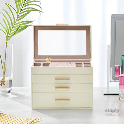 4 Layer Jewelry Box PU Leather Jewellery Organizer Multi-functional Storage Case with Clear Glass Lid and 3 Drawers for