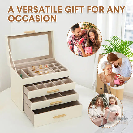 4 Layer Jewelry Box PU Leather Jewellery Organizer Multi-functional Storage Case with Clear Glass Lid and 3 Drawers for