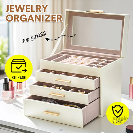 4 Layer Jewelry Box PU Leather Jewellery Organizer Multi-functional Storage Case with Clear Glass Lid and 3 Drawers for