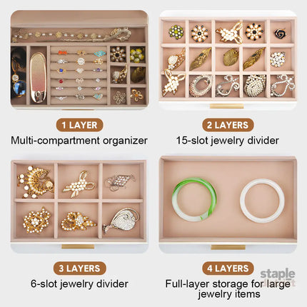 4 Layer Jewelry Box PU Leather Jewellery Organizer Multi-functional Storage Case with Clear Glass Lid and 3 Drawers for