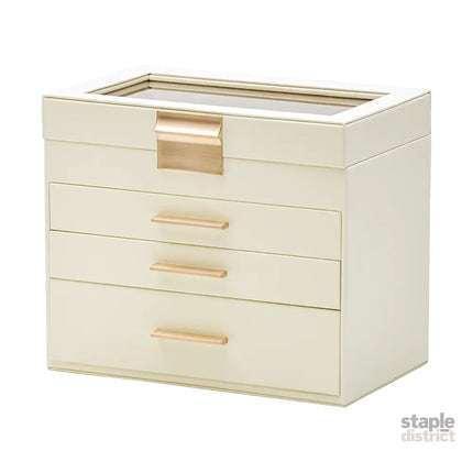 4 Layer Jewelry Box PU Leather Jewellery Organizer Multi-functional Storage Case with Clear Glass Lid and 3 Drawers for