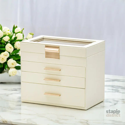 4 Layer Jewelry Box PU Leather Jewellery Organizer Multi-functional Storage Case with Clear Glass Lid and 3 Drawers for