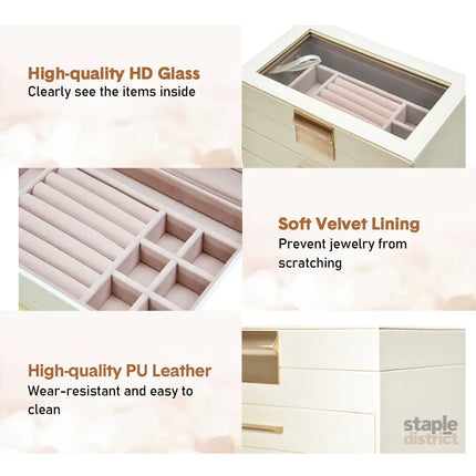 4 Layer Jewelry Box PU Leather Jewellery Organizer Multi-functional Storage Case with Clear Glass Lid and 3 Drawers for