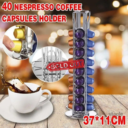 40 Capsules Rotating Coffee Pod Holder Rack for Nespresso Chrome Countertop Stand - Appliances > Kitchen Appliances >