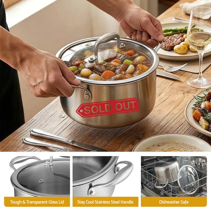 5-Star Chef 4.5L 24cm Stainless Steel Dutch Oven Pot with Lid and Stay-Cool Handle - Appliances > Kitchen Appliances >