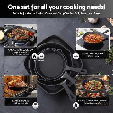 5-Star Chef Cast Iron Fry Pan Skillet Cookware Set Induction Black 14/16/20/24cm - Home & Garden > Kitchenware >