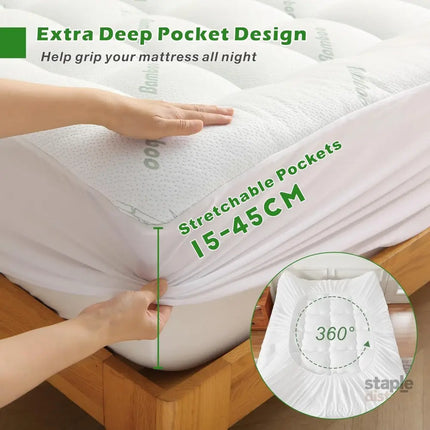 800GSM Mattress Topper Viscose Derived from Bamboo Thick Pillowtop Fitted Mattress Cover with 45cm Deep Skirt - Machine