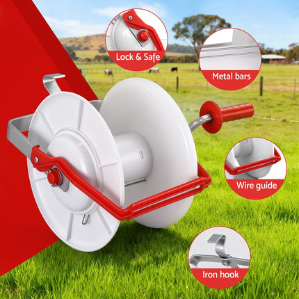 Giantz Electric Fence Reel Geared Portable Polywire Fencing Farm White