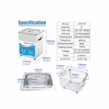 2L Digital Ultrasonic Cleaner Jewelry Ultra Sonic Bath Degas Parts Cleaning