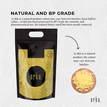 Orku  2Kg Organic Beeswax Pellets Yellow - Cosmetic Grade Pure Bees Wax Pastilles