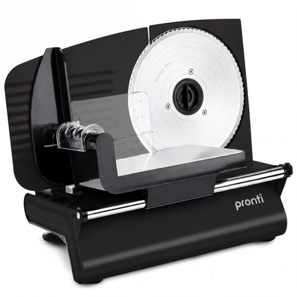 Pronti Black Electric Food Slicer 200W with Adjustable Thickness 1 to 15mm Serrated and Fine Edge Stainless Steel Blades