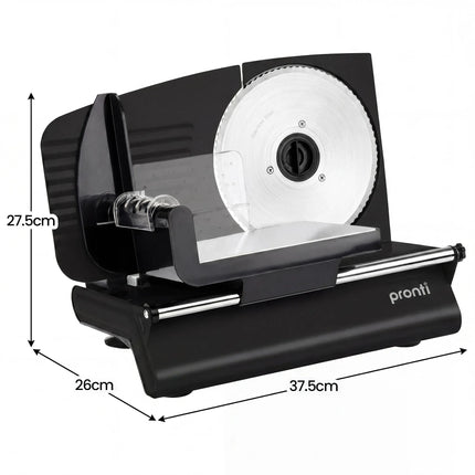 Pronti Black Electric Food Slicer 200W with Adjustable Thickness 1 to 15mm Serrated and Fine Edge Stainless Steel Blades