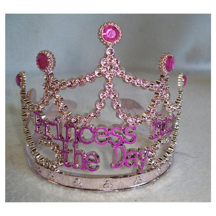 Princess for the Day Tiara – Silver Rhinestone Crown with Pink Lettering - Silver