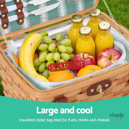 Alfresco 2 Person Picnic Basket Set Wooden Cooler Bag Plates Outdoor Insulated - Outdoor Recreation > Picnic > Picnic