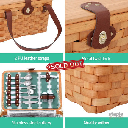 Alfresco 2 Person Picnic Basket Set Wooden Cooler Bag Plates Outdoor Insulated - Outdoor Recreation > Picnic > Picnic