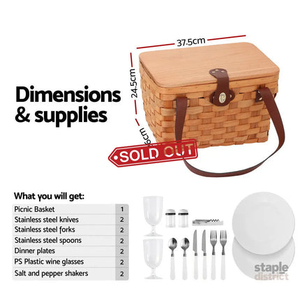 Alfresco 2 Person Picnic Basket Set Wooden Cooler Bag Plates Outdoor Insulated - Outdoor Recreation > Picnic > Picnic