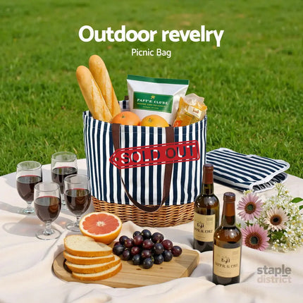 Alfresco 4 Person Picnic Basket Bag Set Wooden Blanket Cooler Outdoor Insulated - Outdoor Recreation > Picnic > Picnic