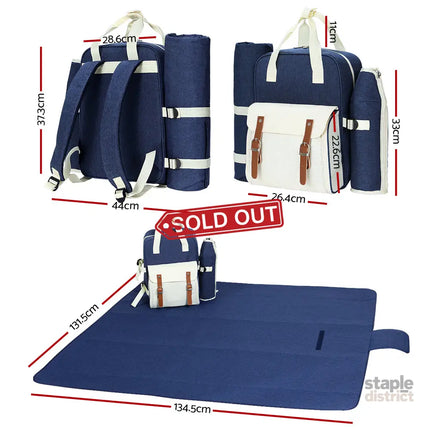 Alfresco 4 Person Picnic Basket Set Backpack Bag Insulated Blue - Outdoor Recreation > Picnic > Picnic Baskets