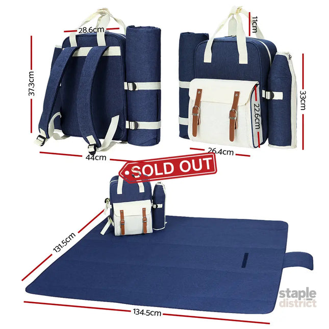 Alfresco 4 Person Picnic Basket Set Backpack Bag Insulated Blue - Outdoor Recreation > Picnic > Picnic Baskets