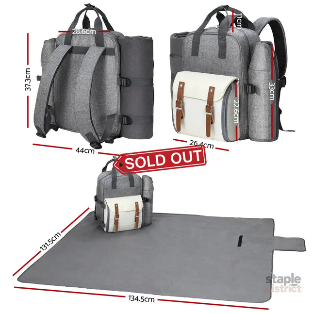 Alfresco 4 Person Picnic Basket Set Backpack Bag Insulated Grey - Outdoor Recreation > Picnic > Picnic Baskets