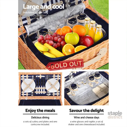 Alfresco 4 Person Picnic Basket Set Cooler Bag Insulated Blanket - Outdoor Recreation > Picnic > Picnic Baskets