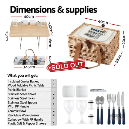 Alfresco 4 Person Picnic Basket Set with Table Blanket Cooler Wooden Insulated - Outdoor Recreation > Picnic > Picnic