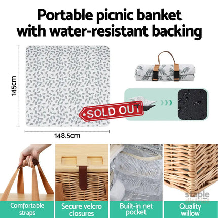 Alfresco 4 Person Picnic Basket Set with Table Blanket Cooler Wooden Insulated - Outdoor Recreation > Picnic > Picnic
