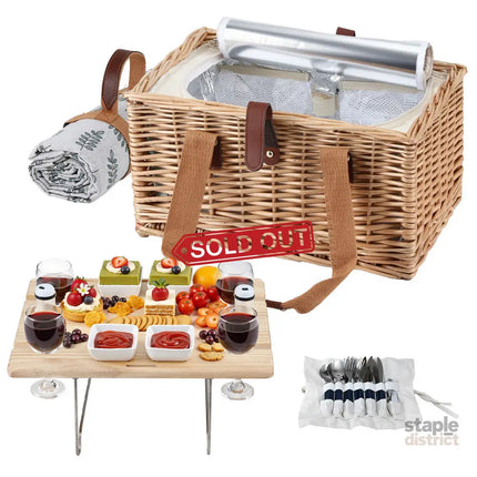 Alfresco 4 Person Picnic Basket Set with Table Blanket Cooler Wooden Insulated - Outdoor Recreation > Picnic > Picnic