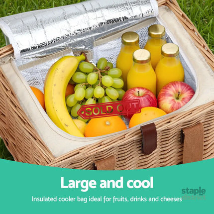 Alfresco 4 Person Picnic Basket Set with Table Blanket Cooler Wooden Insulated - Outdoor Recreation > Picnic > Picnic