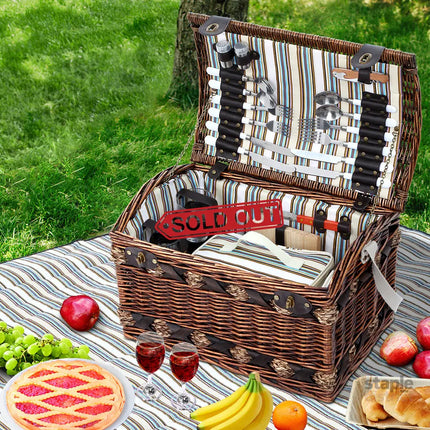 Alfresco 4 Person Picnic Basket Set Wooden Blanket Cooler Bag Outdoor Insulated - Outdoor Recreation > Picnic > Picnic