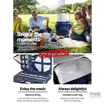 Alfresco 6 Person Picnic Basket Set Bag Wheels Insulated Trolley - Outdoor Recreation > Picnic > Picnic Baskets