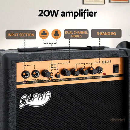 Alpha 20W Guitar Amplifier Portable Practice Amp Overdrive 3-Band EQ Black - Audio & Video > Musical Instrument &