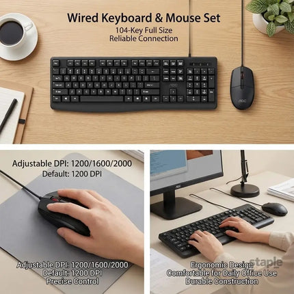 AOC KM170B/97 Wired Home & Office Keyboard + Mouse Combo 1.5M cables Black - Electronics > Computer Accessories >