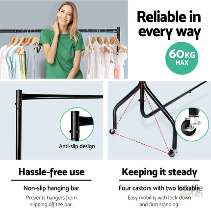 Artiss Clothes Rack Airer Coat Stand 6FT Rail Wheels - Home & Garden > Storage > Clothing & Wardrobe Storage