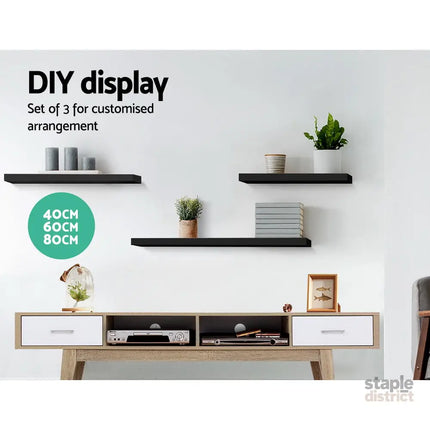 Artiss Floating Wall Shelf Set of 3 Black - Home & Garden > DIY > Kitchen & Bathroom DIY