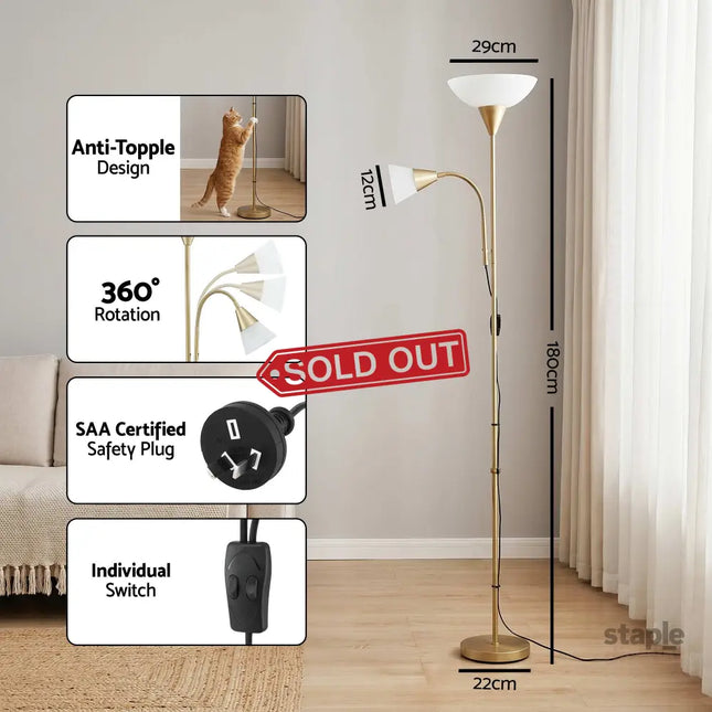 Artiss Gold Floor Lamp with Reading Light | Mother and Child Standing Lamp with 360 Flexible Gooseneck Individual