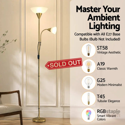 Artiss Gold Floor Lamp with Reading Light | Mother and Child Standing Lamp with 360 Flexible Gooseneck Individual
