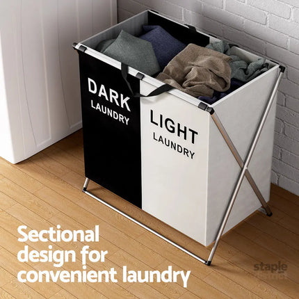 Artiss Laundry Basket Hamper Large Foldable Washing Clothes Storage 2 Sections - Home & Garden > Storage > Clothing &