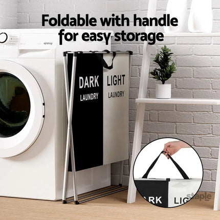 Artiss Laundry Basket Hamper Large Foldable Washing Clothes Storage 2 Sections - Home & Garden > Storage > Clothing &