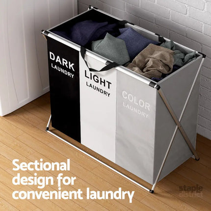 Artiss Laundry Basket Hamper Large Foldable Washing Clothes Storage 3 Sections - Home & Garden > Storage > Clothing &